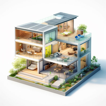 3d rendering of a modern house with a garden and a gardenの素材