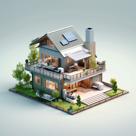 3d rendering of modern cozy house with pool and parking for sale or rent. Isolated on grayの素材
