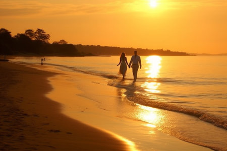 Couple walking on the beach at sunset. Beautiful romantic moment.の素材