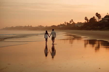 couple walking on the beach at sunset in Bali, Indonesiaの素材