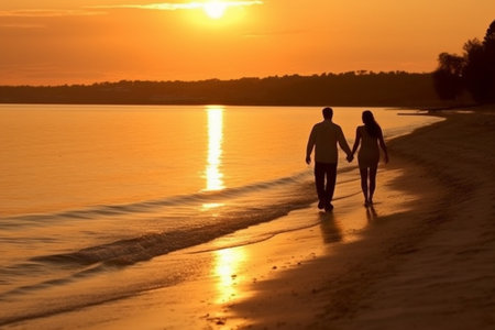 Couple walking on the beach at sunset. Man and woman walking on the beach at sunset.の素材
