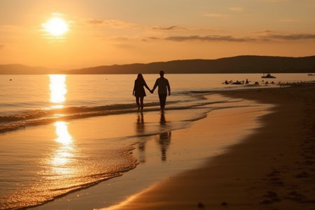 Couple walking on the beach at sunset. Silhouettes of people walking on the beach at sunset.の素材