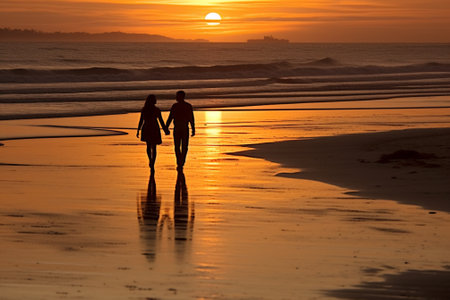 Silhouette of a couple walking on the beach at sunset.の素材