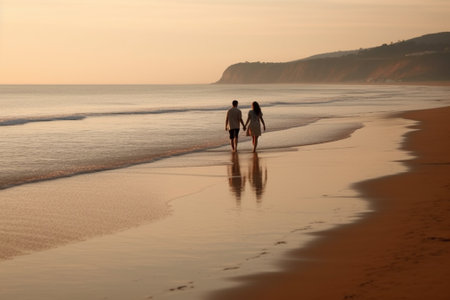 Couple walking on the beach in the evening. People walking on the beachの素材