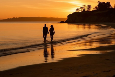 Silhouette of a couple walking on the beach at sunset.の素材