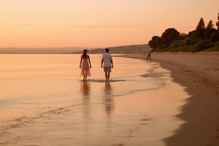 Young couple walking on the beach at sunset. Man and woman walking on the beach at sunsetの素材