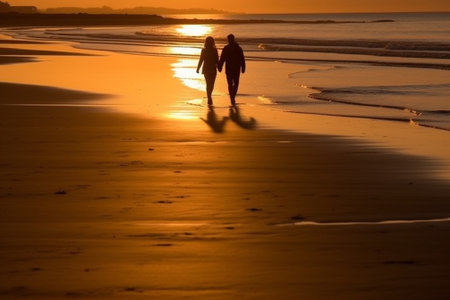 Couple walking on the beach at sunset, silhouetted against the sunの素材