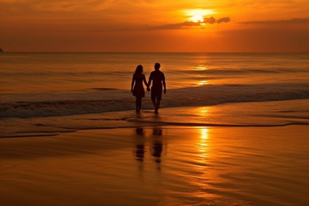 Silhouette of couple walking on the beach at sunset. Love concept.の素材