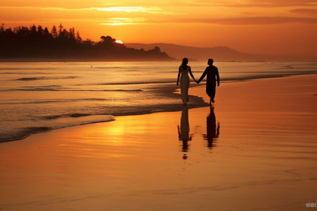 Silhouette of couple holding hands on the beach at sunset.の素材