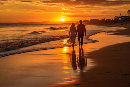 Silhouette of romantic couple walking on the beach at sunset.の素材