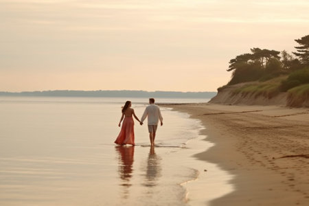 Romantic couple walking on the beach at sunset, back view.の素材