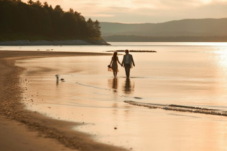 Young couple walking on the beach at sunset. Couple walking on the beach at sunsetの素材