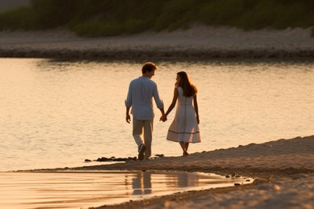 Couple in love walking on the beach at sunset. Young man and woman holding hands.の素材