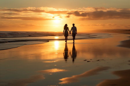 couple holding hands on the beach at sunset with reflection in waterの素材