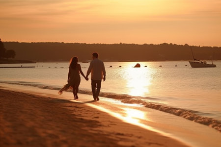 Couple walking on the beach at sunset. Honeymoon concept.の素材
