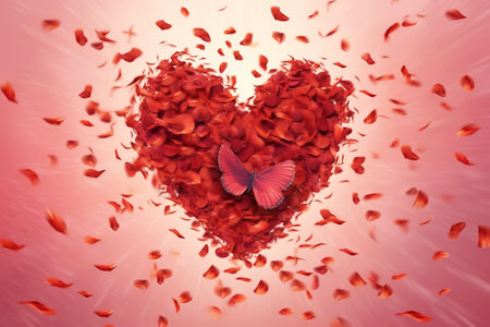 Red heart with rose petals and a butterfly on pink background.の素材