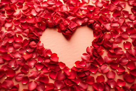 Red heart with rose petals and a butterfly on a pink backgroundの素材
