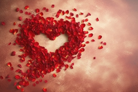 Red rose petals in the shape of a heart on a pink background.の素材
