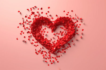Red rose petals in the shape of a heart on pink backgroundの素材