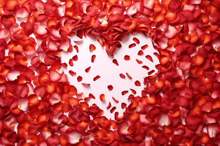 Red heart made of rose petals on a pink background with copy spaceの素材