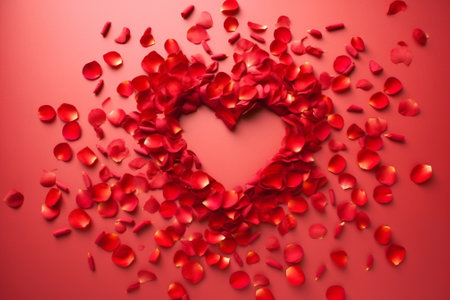 Red heart with rose petals isolated on white background. 3d illustrationの素材