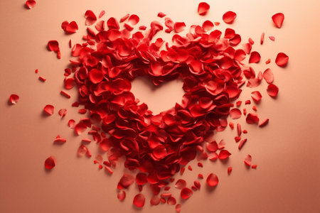 Red heart with petals flying in the air. Valentines day backgroundの素材