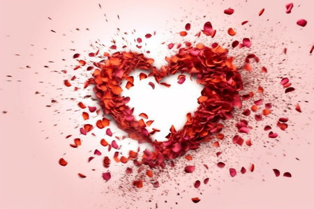 Red heart made of rose petals on pink background. 3d renderingの素材