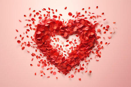 Red heart made of rose petals on beige background. Valentine's day conceptの素材