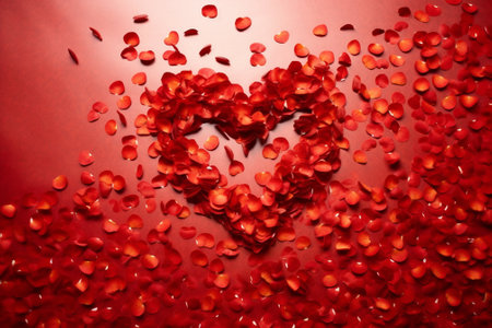 Red rose petals in the shape of a heart on red backgroundの素材