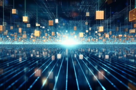 3d rendering of abstract technology concept with glowing cubes on dark backgroundの素材