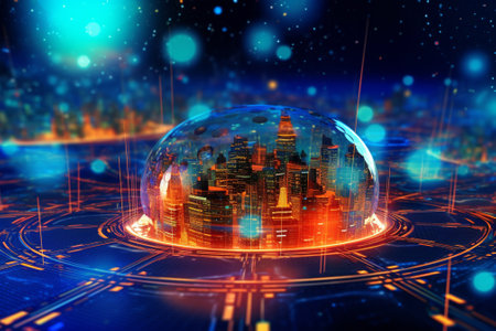 Abstract 3d illustration of futuristic city with hologram. Futuristic city concept.の素材