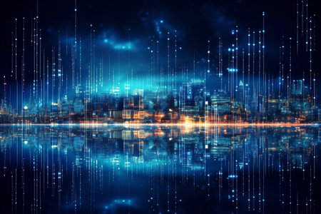 abstract night city with lights and reflections on water, vector illustrationの素材