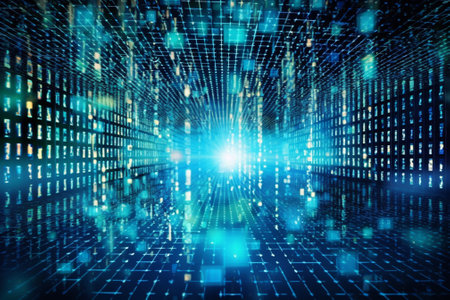 Abstract technology background with binary code and lights. 3D Renderingの素材