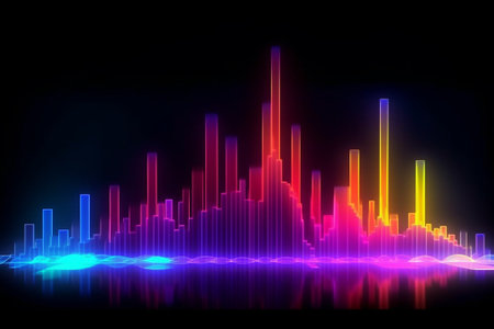 abstract 3d illustration of glowing neon sound waves on dark backgroundの素材