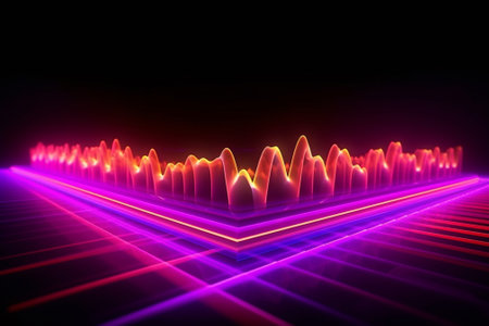 3d illustration of abstract background with neon lines and waves. Glowing lines.の素材