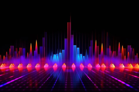 3d illustration of abstract background with neon lights and equalizer.の素材