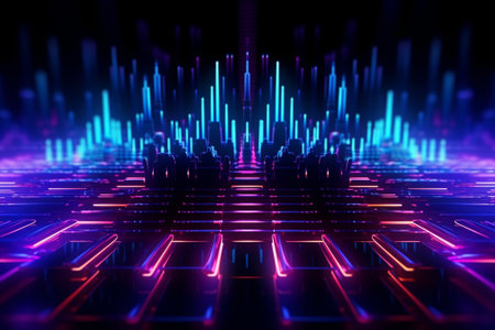 3d illustration of abstract digital technology background with glowing lines and particlesの素材