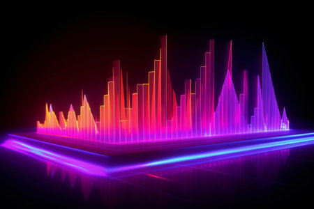 3d illustration of colorful sound waves over dark background with neon lightsの素材