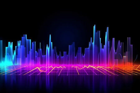 abstract background with neon glowing lines and cityscape, vector illustrationの素材