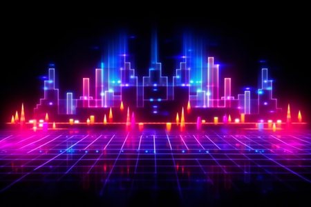 abstract futuristic technology background 3d rendering with neon lights and gridの素材