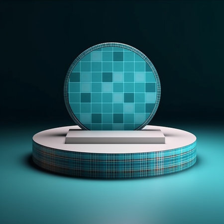 3d rendering of round podium for product presentation on blue background.の素材