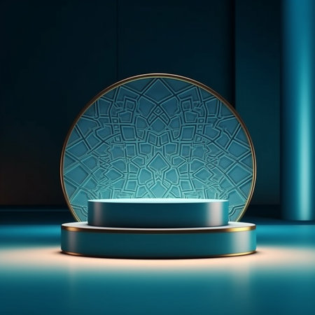 3d render, abstract minimal geometric background, round podium for product presentation, blue and gold color, luxury designの素材