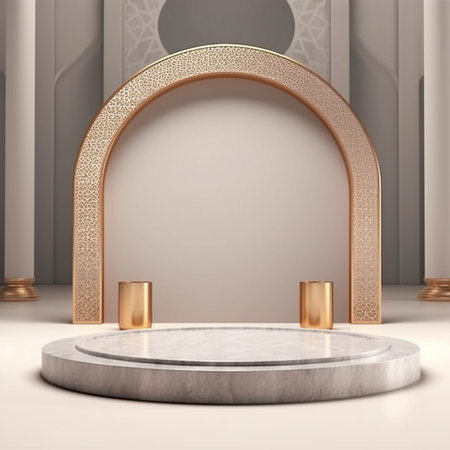 3d rendering of white marble podium with gold arch and golden decorationの素材