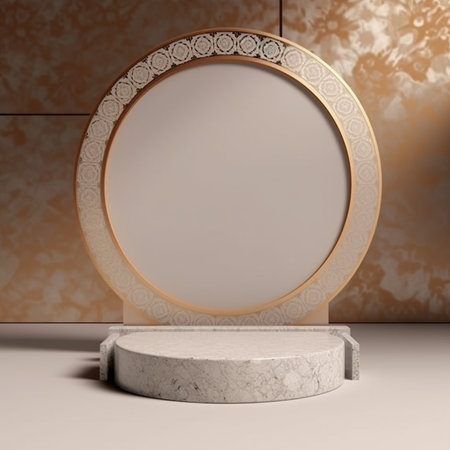 3d render of podium for product presentation in minimal style with gold frameの素材