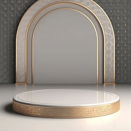 3d rendering of a golden podium with arabic pattern on the backgroundの素材