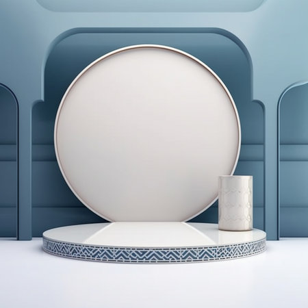 Round podium in blue interior. 3d render illustration. Mock up.の素材
