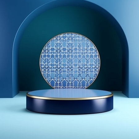 3d render of abstract blue background with round podium, pedestal or platformの素材