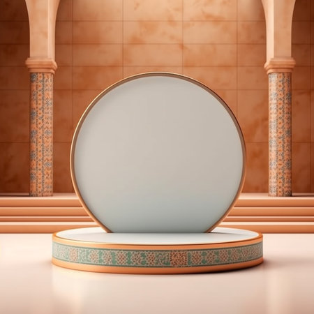 3d rendering of a round podium on a marble background. Mockup for design.の素材