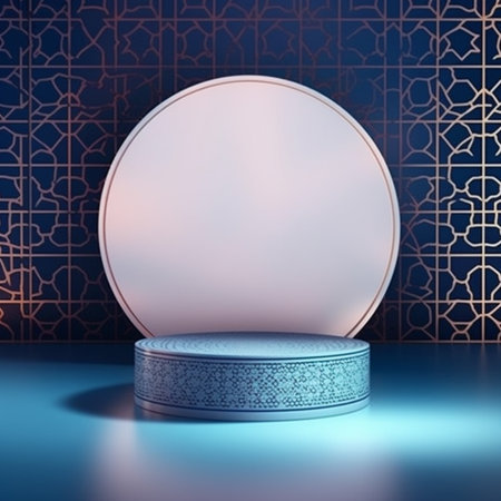 3D rendering of a round podium on a background of geometric patternsの素材