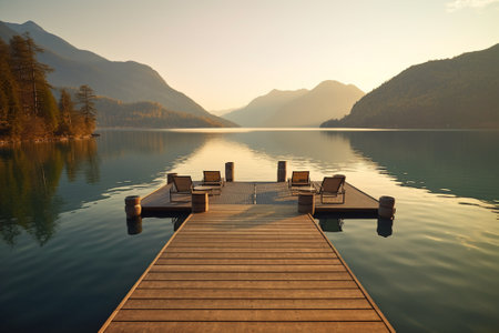Wooden deck on a lake at sunrise, Austria, Europe.の素材